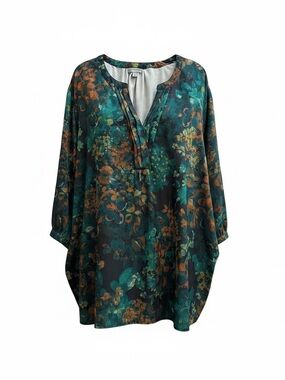Catherines Teal and Brown Floral V-Neck Tunic 4X